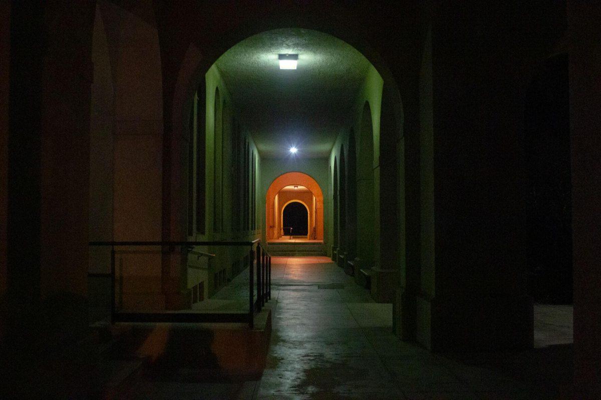 Lights brighten the hallway on Sunday, Aug. 28, 2022, along Foster Hall in Baton Rouge, La.