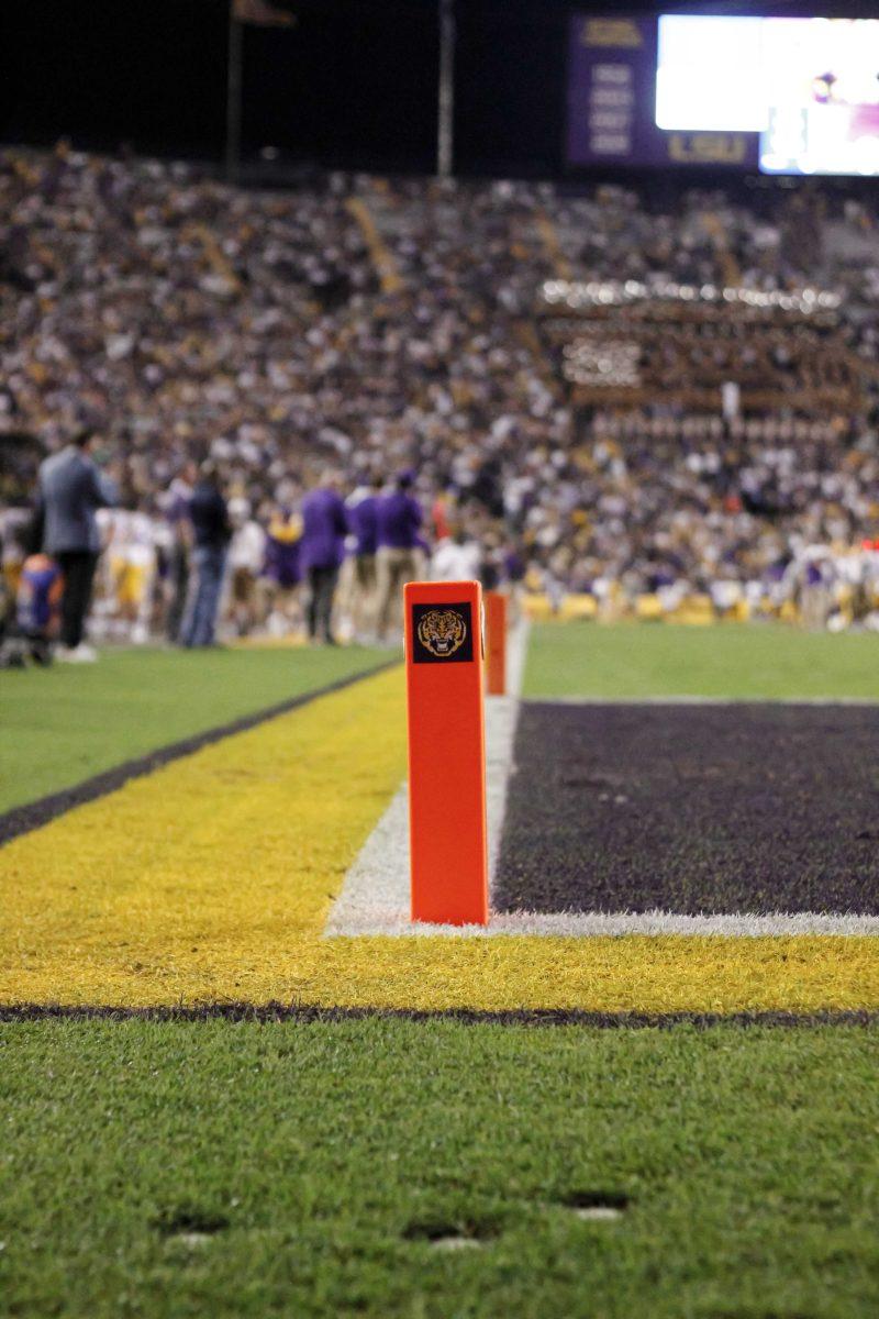 The endzone pylon sits during LSU's 24-19 loss against Auburn at Tiger Stadium in Baton Rouge, La.