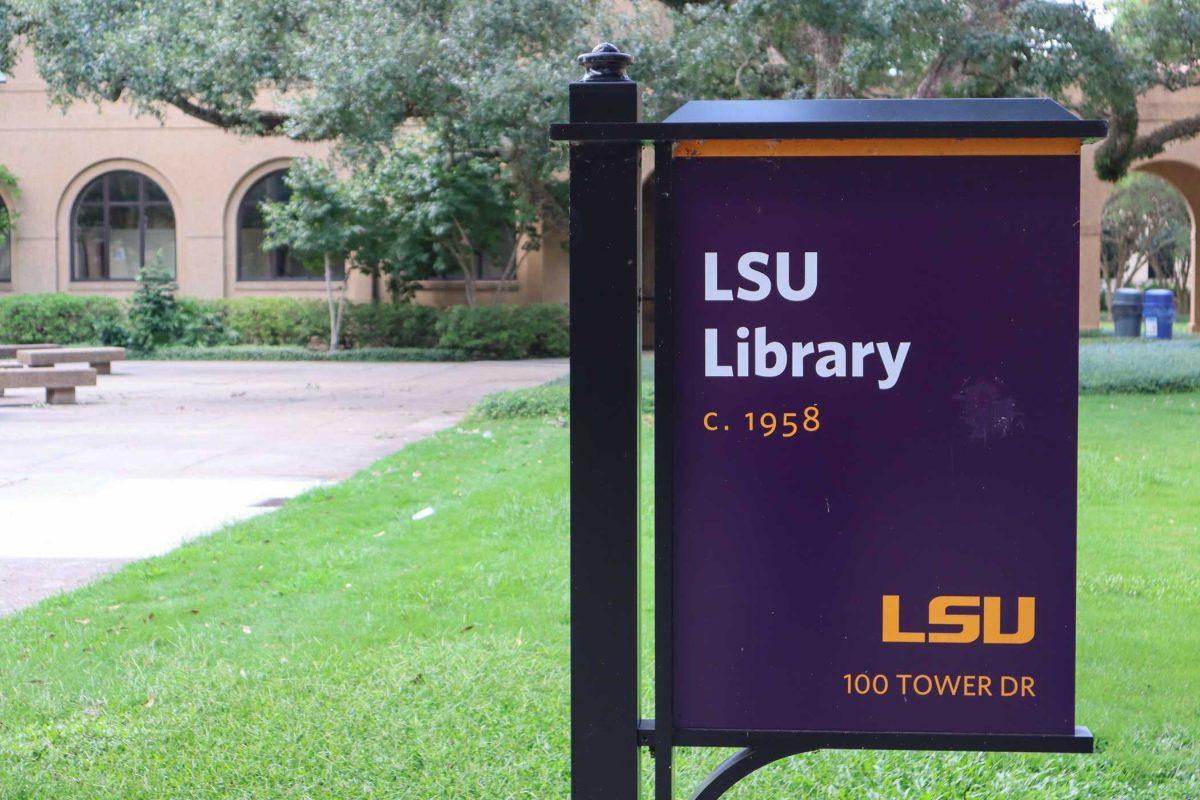 A sign points out the LSU Library on Sunday, Aug. 28, 2022, in the LSU Quad in Baton Rouge, La. The university removed the former name "Troy H. Middleton" after a petition garnered over 14,000 signatures.