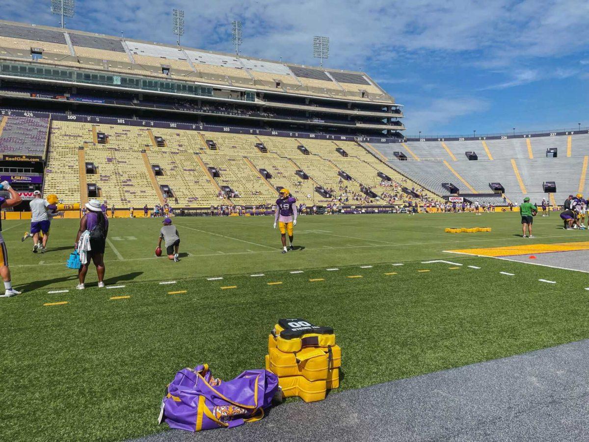 LSU football junior defensive end BJ Ojulari (18) walks to the sideline on Saturday, August 20, 2022, during practice at Tiger Stadium on North Stadium Drive in Baton Rouge, La.