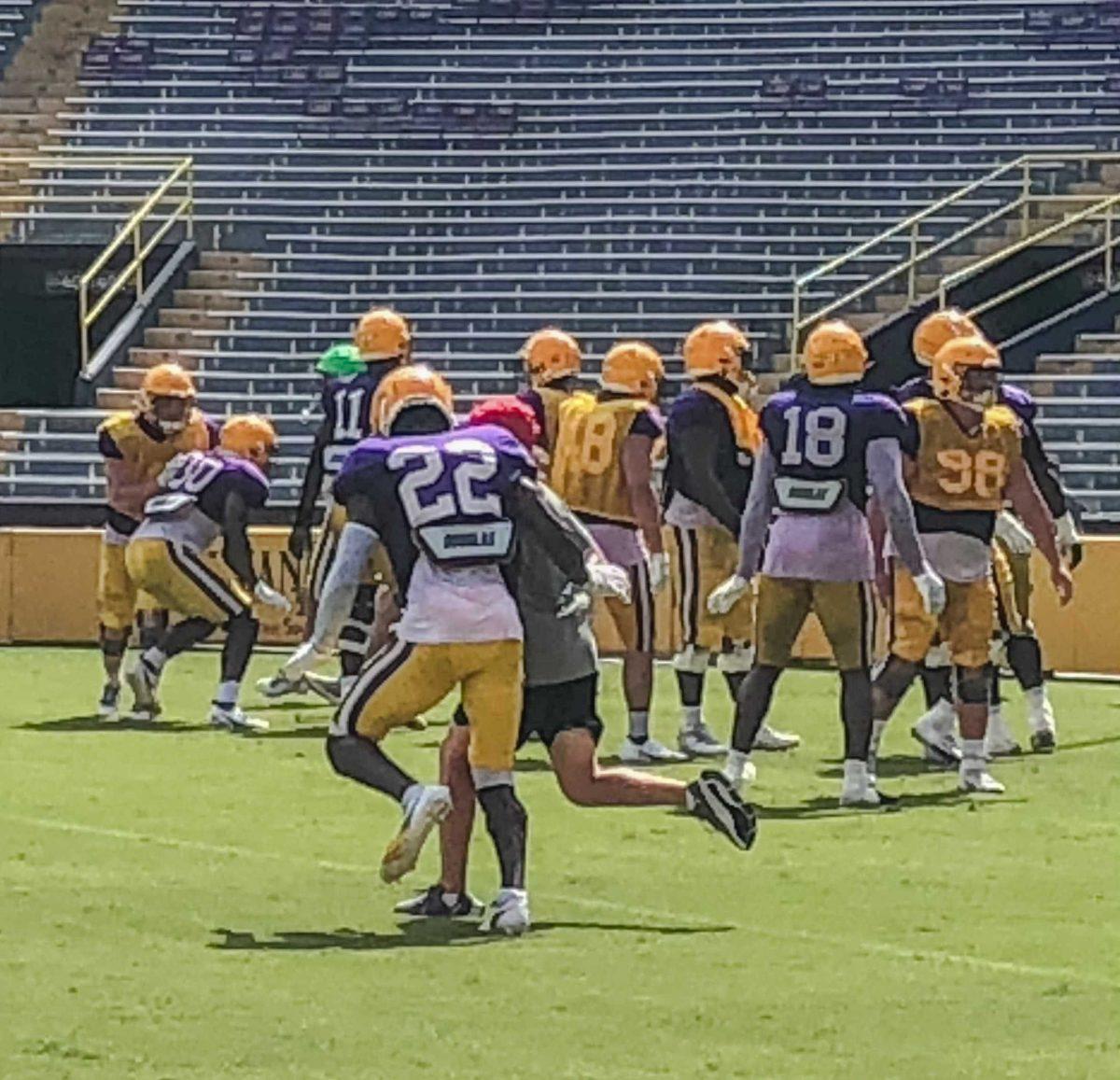 The LSU Football team runs drills on Saturday, August 20, 2022, during practice at Tiger Stadium on North Stadium Drive in Baton Rouge, La.