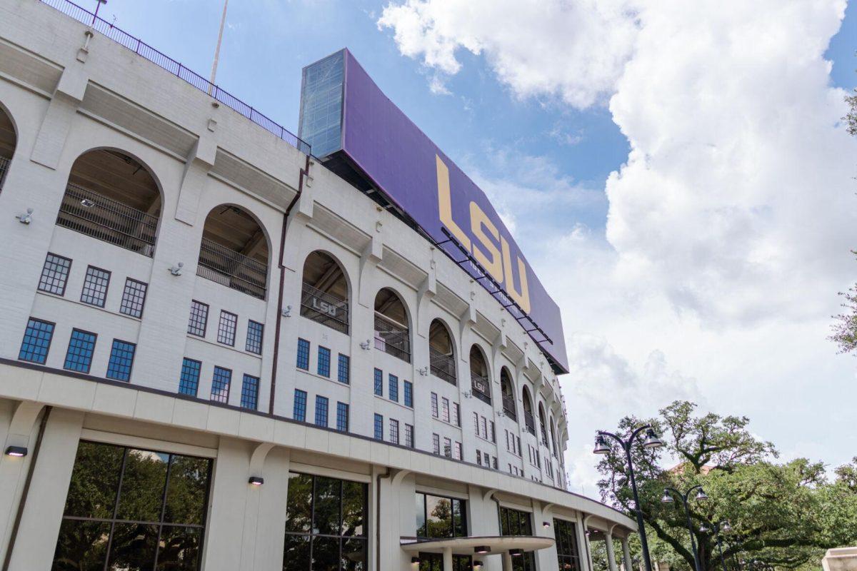 Clouds move across the sky on Saturday, Aug. 27, 2022, above Tiger Stadium on North Stadium Drive in Baton Rouge, La.