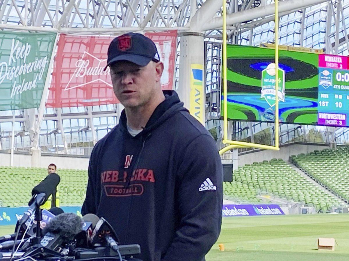 Nebraska coach Scott Frost answers questions from the media on Thursday, Aug. 25, 2022, at Aviva Stadium in Dublin. Nebraska faces Northwestern on Saturday in the Irish capital. `(AP Photo/Ken Maguire)