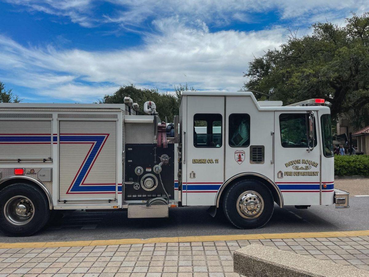 A fire truck parks on Tuesday, Sept. 13, 2022, outside of the Journalism Building on Field House Drive in Baton Rouge, La.