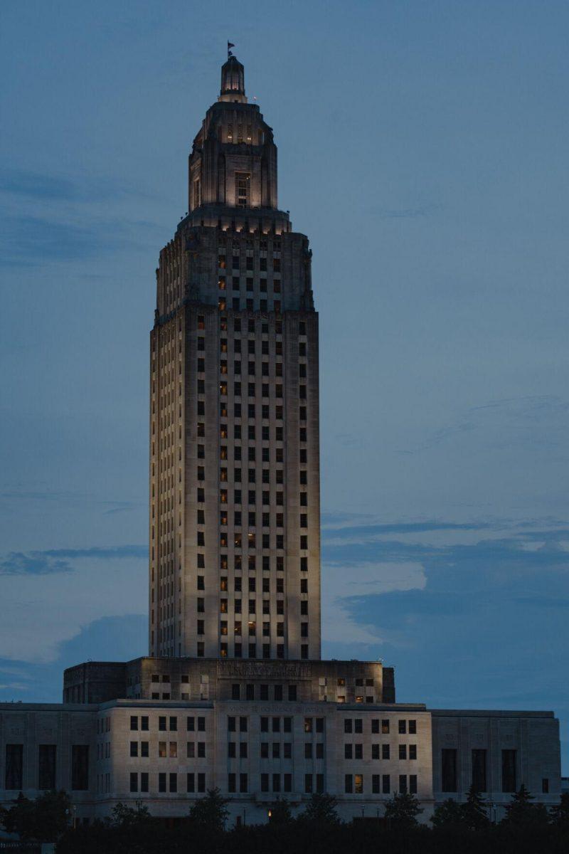 The Louisiana State Capitol rises into the night sky on Friday, Sept. 2, 2022, on North 3rd Street in Baton Rouge, La.