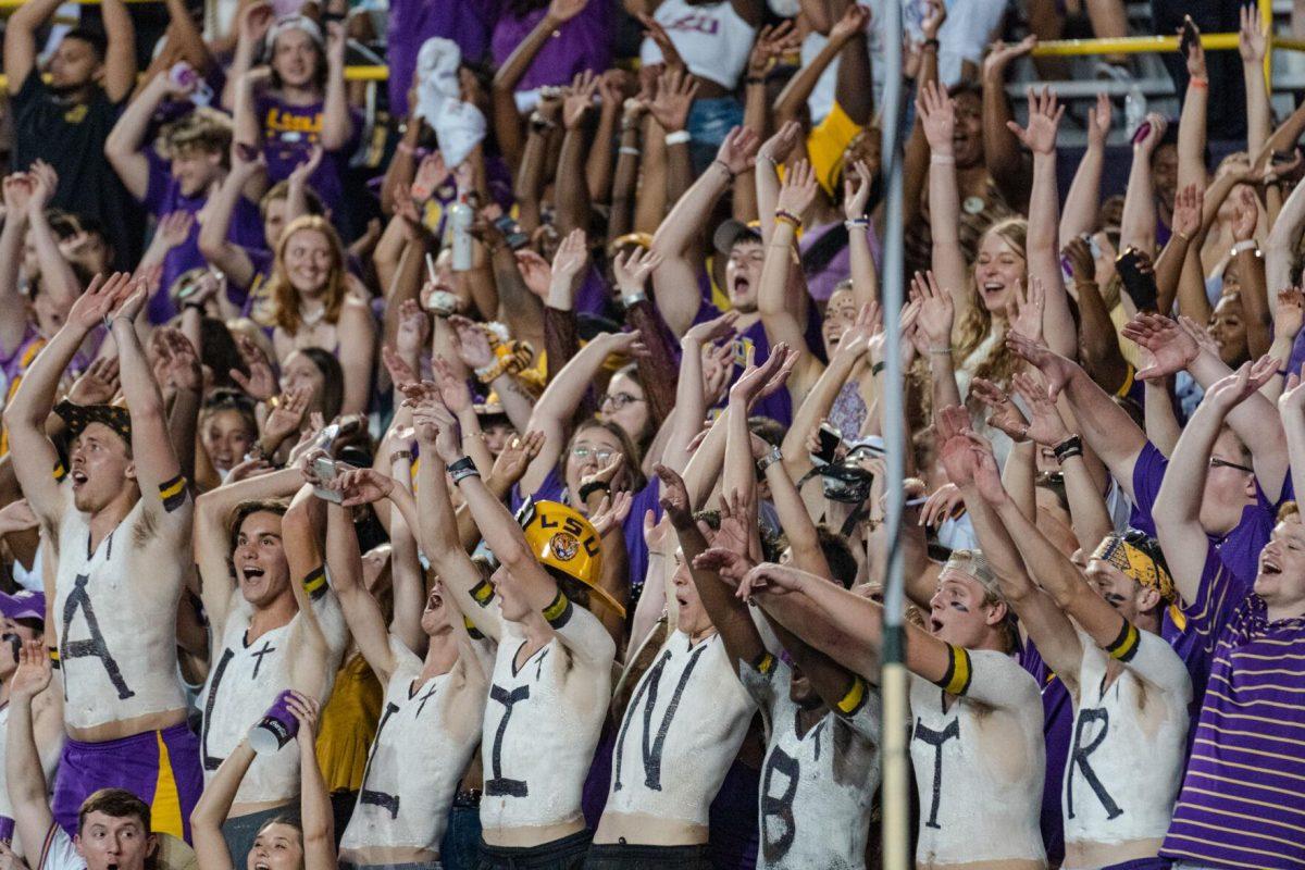 LSU students participate in the wave on Saturday, Sept. 10, 2022, during LSU&#8217;s 65-17 win over Southern at Tiger Stadium in Baton Rouge, La.