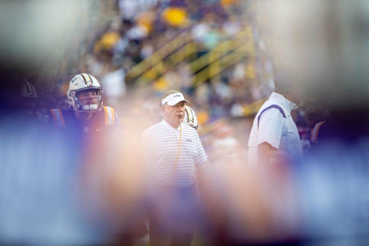 Head coach Brian Kelly watches as his players warm-up on Saturday, Sept. 24, 2022, prior to the LSU vs New Mexico game in Tiger Stadium&#160;in Baton Rouge, La.