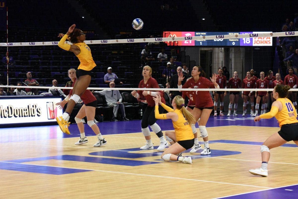 LSU senior Anita Anwusi hits the ball over the net on Wednesday, Sept. 21, 2022, during LSU&#8217;s 3-2 win over Arkansas at the Pete Maravich Assembly Center in Baton Rouge, La.