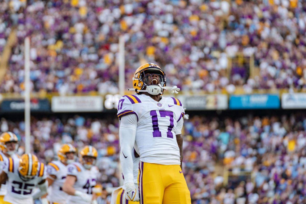 LSU football sophomore defensive end Zavier Carter (17) celebrates after a Southern fumble on Saturday, Sept. 10, 2022, during LSU&#8217;s 65-17 win over Southern at Tiger Stadium in Baton Rouge, La.