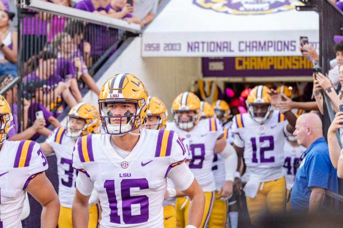 LSU football freshman quarterback George Hamsley (16) takes the field on Saturday, Sept. 10, 2022, before LSU&#8217;s 65-17 win over Southern at Tiger Stadium in Baton Rouge, La.