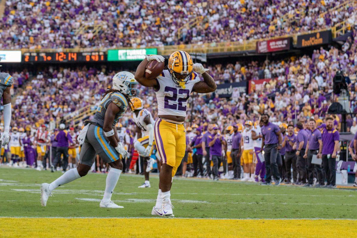 LSU football sophomore running back Armoni Goodwin (22) celebrates in the end zone on Saturday, Sept. 10, 2022, during LSU&#8217;s 65-17 win over Southern at Tiger Stadium in Baton Rouge, La.