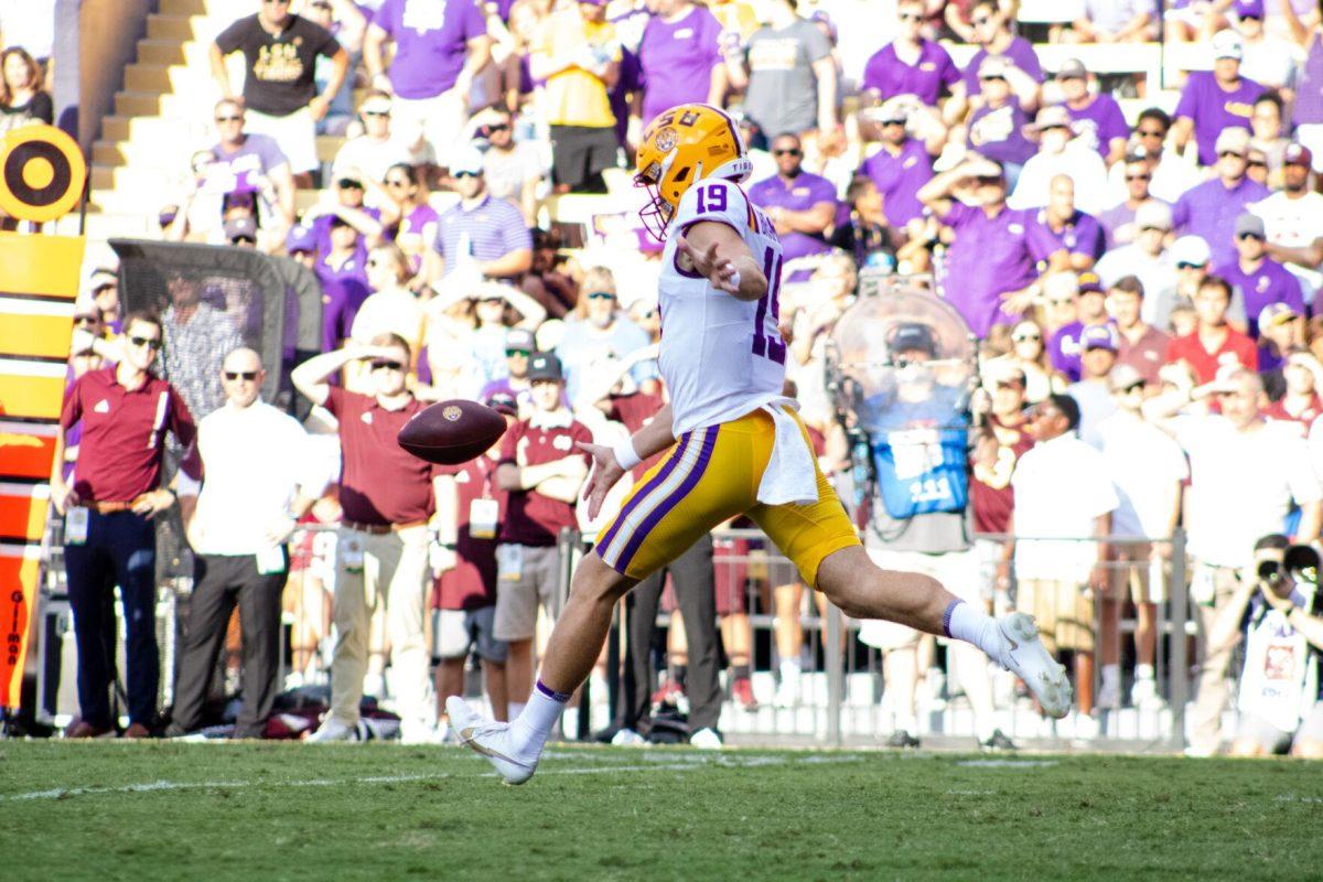 LSU football senior punter Jay Bramblett punts the ball away Saturday, Sept. 17, 2022 during LSU’s 31-16 win against Mississippi State at Tiger Stadium in Baton Rouge, La.