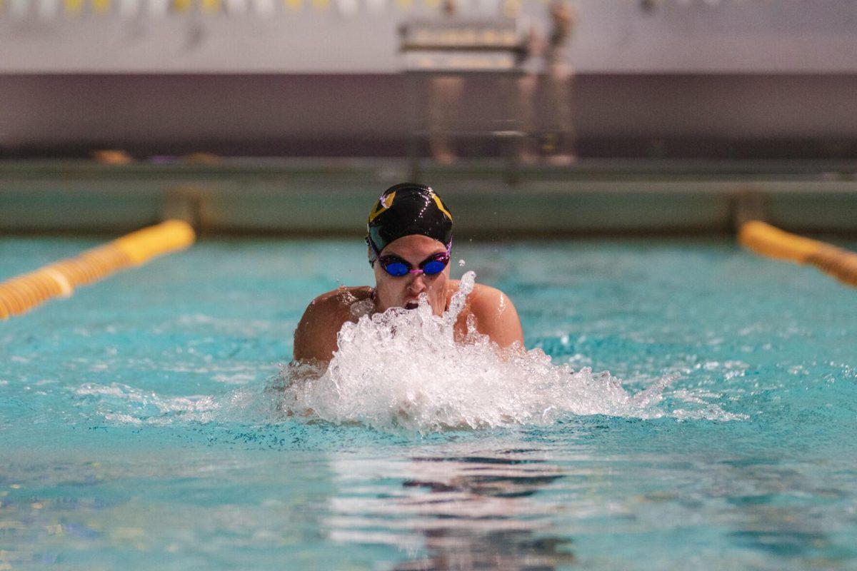 LSU Swim breaststroke junior Jadyn Jannasch competes in the 100-yard breaststroke on Friday, Sept. 23, 2022, during LSU&#8217;s victory over Tulane and Vanderbilt at the LSU Natatorium on Nicholson Drive in Baton Rouge, La.