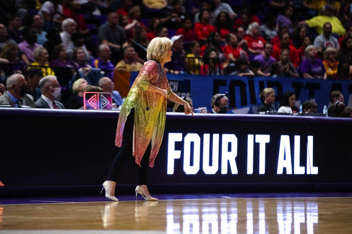 LSU women&#8217;s basketball head coach Kim Mulkey coaches from the sidelines Monday, March 21, 2022, during LSU&#8217;s 64-79 loss against Ohio State in the second round of the NCAA women&#8217;s basketball tournament in the Pete Maravich Assembly Center on North Stadium Drive in Baton Rouge, La.