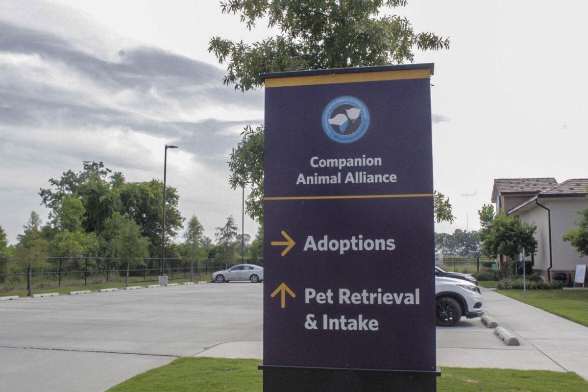 The outside of the Companion Animal Alliance sign guides visitors on Sunday, Sept. 25, 2022, on Gourrier Ave in Baton Rouge, La.