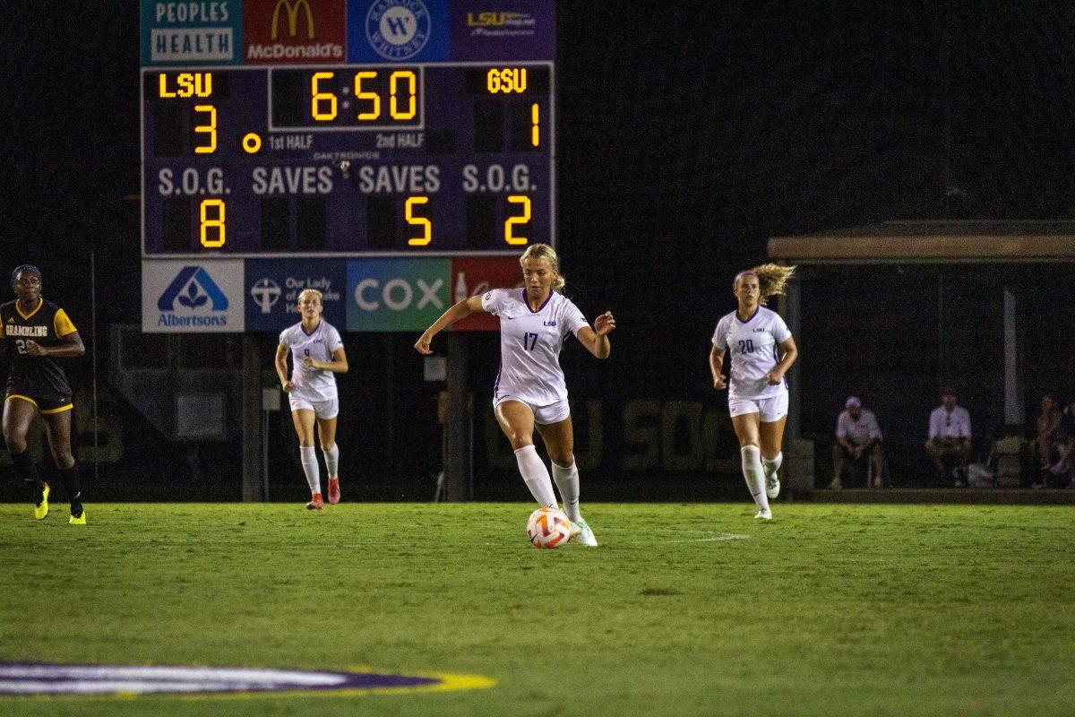 LSU soccer freshman midfielder Ida Hermannsdottir (17) dribbles up the field Friday, Sept. 2, 2022, after scoring two goals for LSU against Grambling State University at LSU's Soccer Stadium off of Nicholson Drive.