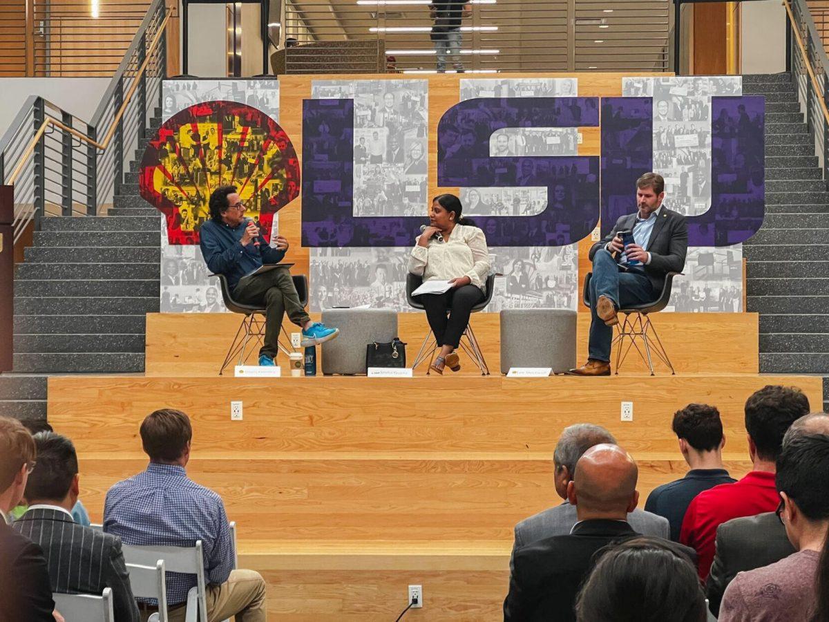 From left to right Gregory Kallenberg with the Rational Middle; Ipsita Gupta, assistant Professor with LSU Petroleum Engineering; and Lee Stockwell, general manager of U.S. Carbon Capture Utilization and Storage with Shell, speaking at the&#160;Shell Energy Symposium on&#160;Sept. 8, 2022.&#160;