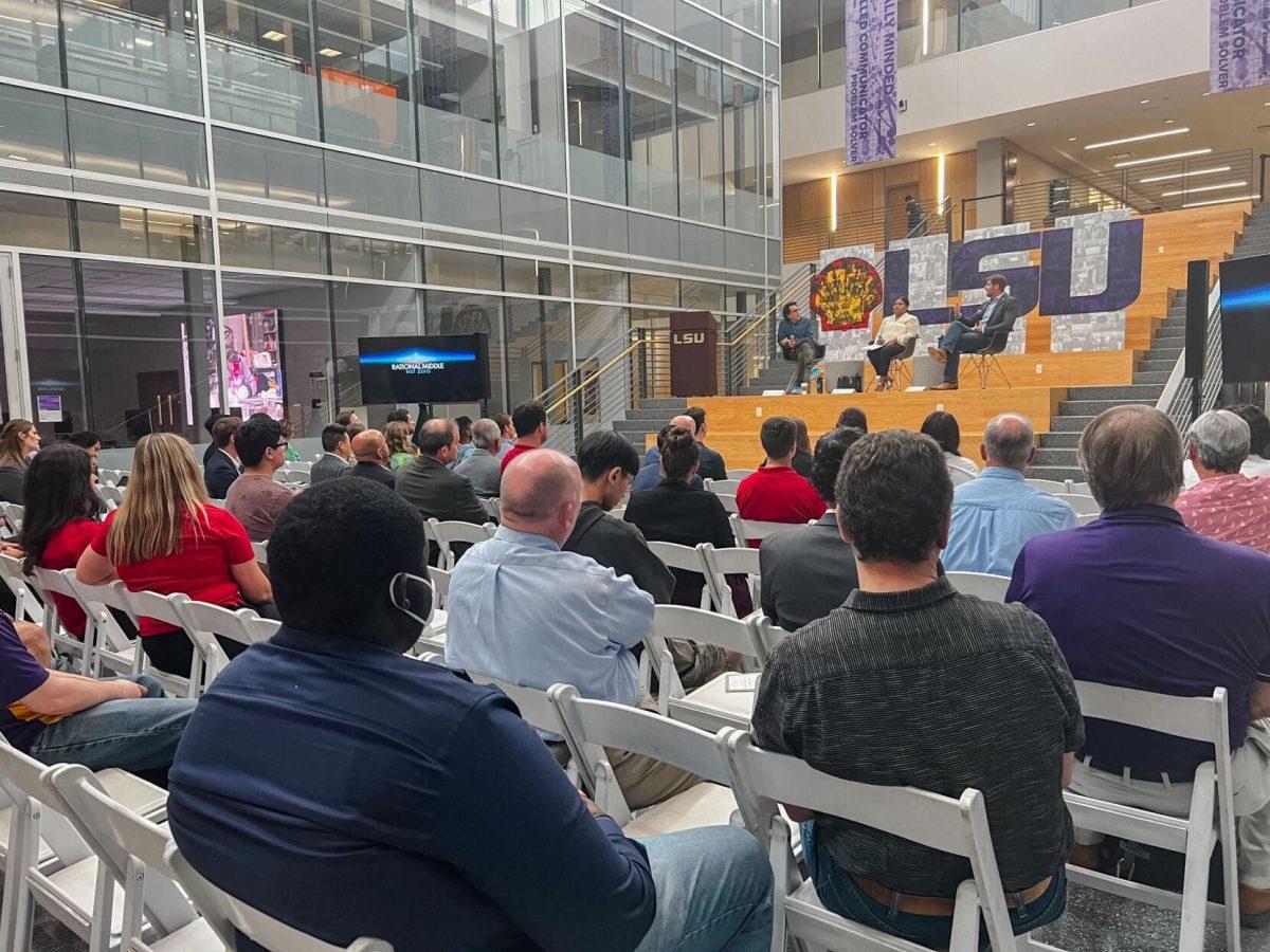 The audience listens to the panelists' discussion during the Shell Energy Symposium on September 8, 2022, at Patrick F. Taylor Hall on South Quad Drive in Baton Rouge, La.&#160;