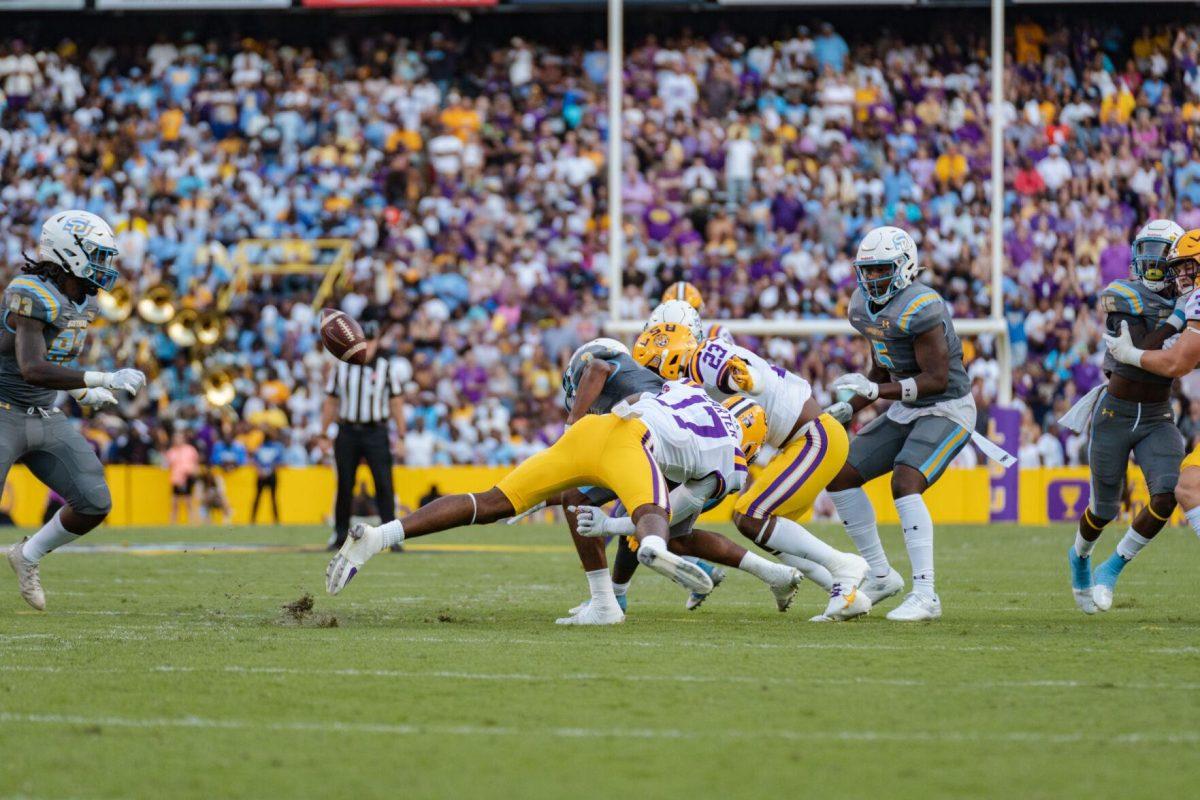 The Southern Jaguars fumble the ball on Saturday, Sept. 10, 2022, during LSU&#8217;s 65-17 win over Southern at Tiger Stadium in Baton Rouge, La.