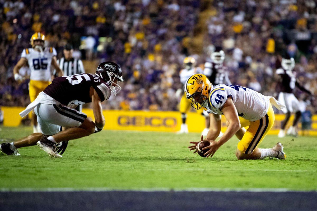 LSU football sophomore deep snapper Slade Roy (44) recovers a Mississippi state muffed kick Saturday, Sept. 17, 2022 during LSU’s 31-16 win against Mississippi State at Tiger Stadium in Baton Rouge, La.