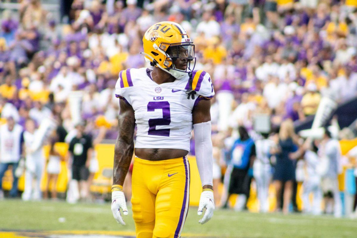 LSU football junior cornerback Mekhi Garner (2) looks towards the Mississippi State offensive line Saturday, Sept. 17, 2022 during LSU’s 31-16 win against Mississippi State at Tiger Stadium in Baton Rouge, La.