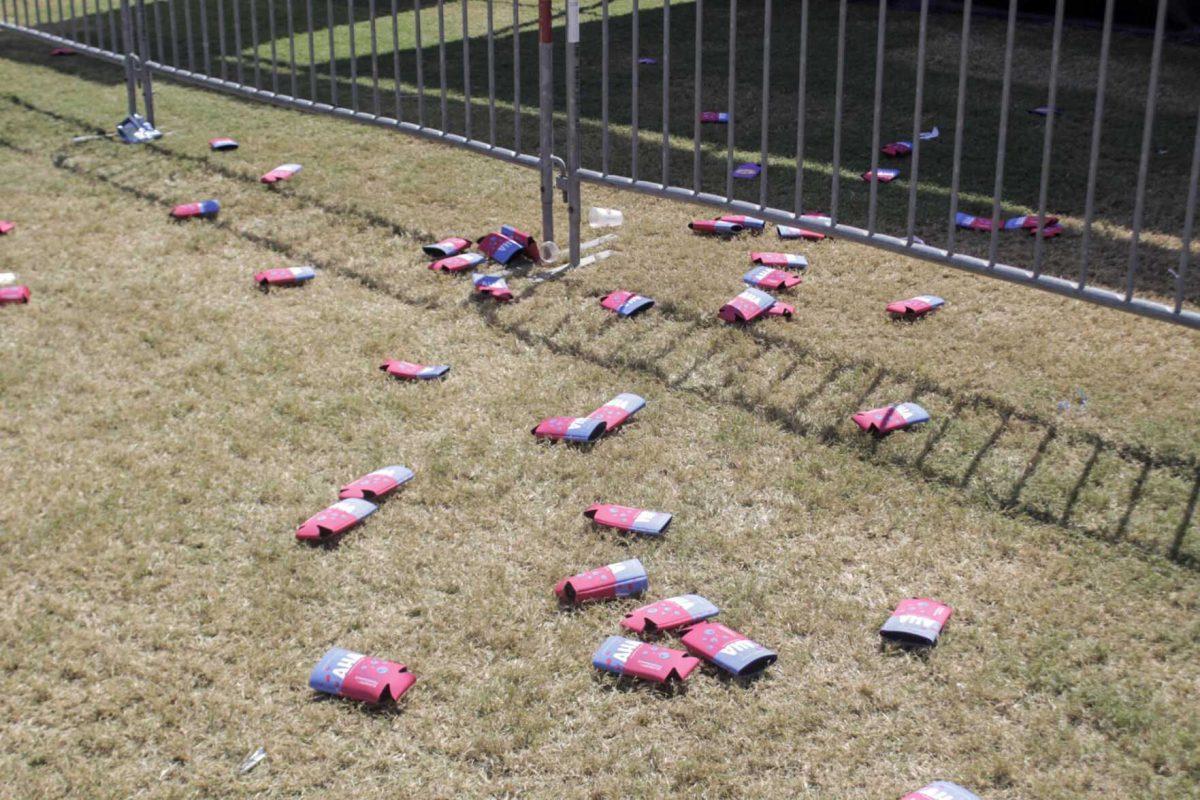 Koozies are thrown as prizes from the Coca-Cola booth on stage on Friday, Sept. 16, 2022, during Fall Fest on the LSU Parade Ground.