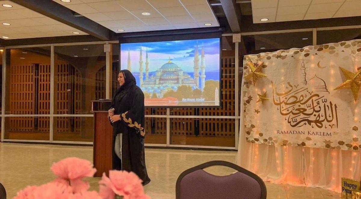 LSU Muslim Student Association President Maram Khalaf speaks to the audience at the MSA Ramadan event.&#160;