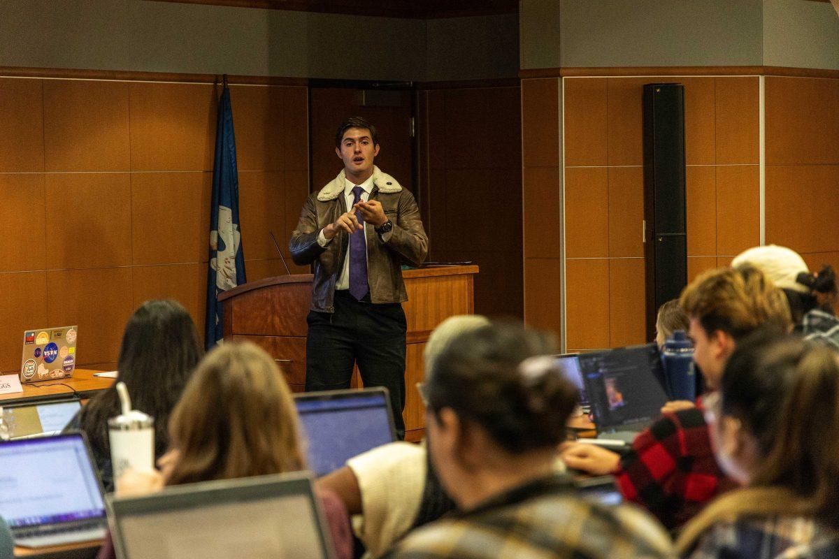 LSU Student Government engineering senator Colin Raby discusses a resolution Wednesday, Sept. 28, 2022, during a meeting at the Capital Chamber in the LSU Student Union.