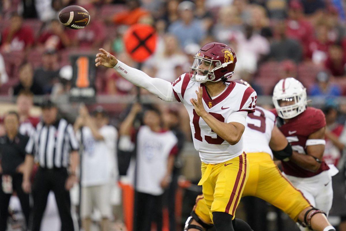 Southern California quarterback Caleb Williams throws a pass against Stanford during the second half of an NCAA college football game in Stanford, Calif., Saturday, Sept. 10, 2022. (AP Photo/Godofredo A. V&#225;squez)