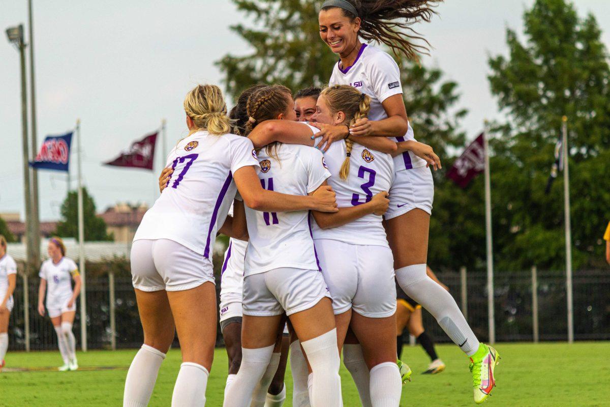 The LSU soccer team celebrates redshirt sophomore forward Mollie Baker's (3) goal Friday, Sept. 2, 2022, during LSU's 3-1 win against Grambling State University at LSU's Soccer Stadium off of Nicholson Drive.