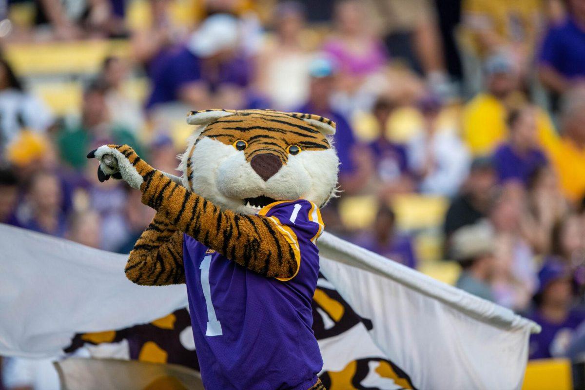 Mike the Tiger waves his flag on Saturday, Sept. 24, 2022, during the LSU vs New Mexico game in Tiger Stadium.