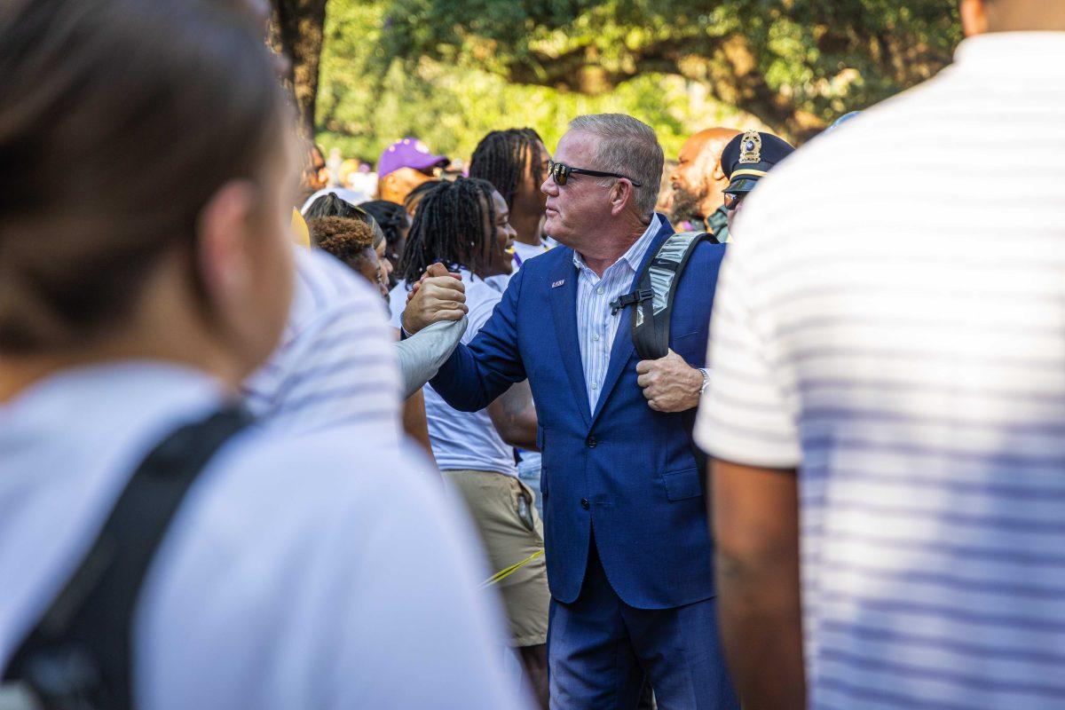 LSU football head coach Brian Kelly greets fans Saturday, Sept. 24, 2022, on North Stadium Drive&#160;in Baton Rouge, La.