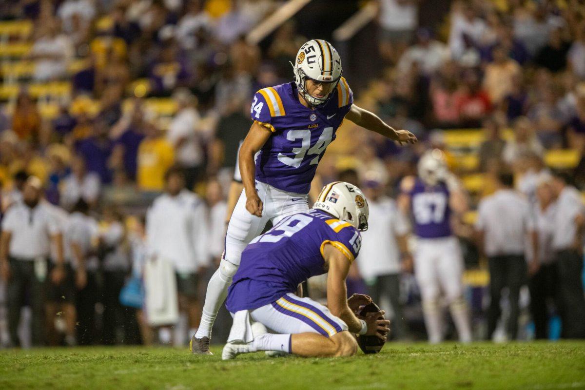 LSU football freshman placekicker Damian Ramos (34) prepares to kick the ball on Saturday, Sept. 24, 2022, during the LSU vs New Mexico game in Tiger Stadium&#160;in Baton Rouge, La.