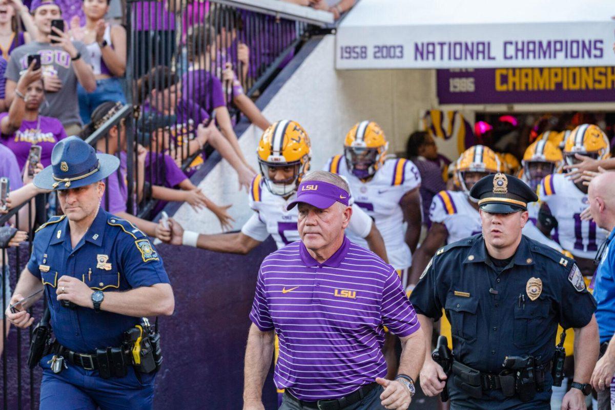 LSU football head coach Brian Kelly takes the field on Saturday, Sept. 10, 2022, before LSU&#8217;s 65-17 win over Southern at Tiger Stadium in Baton Rouge, La.