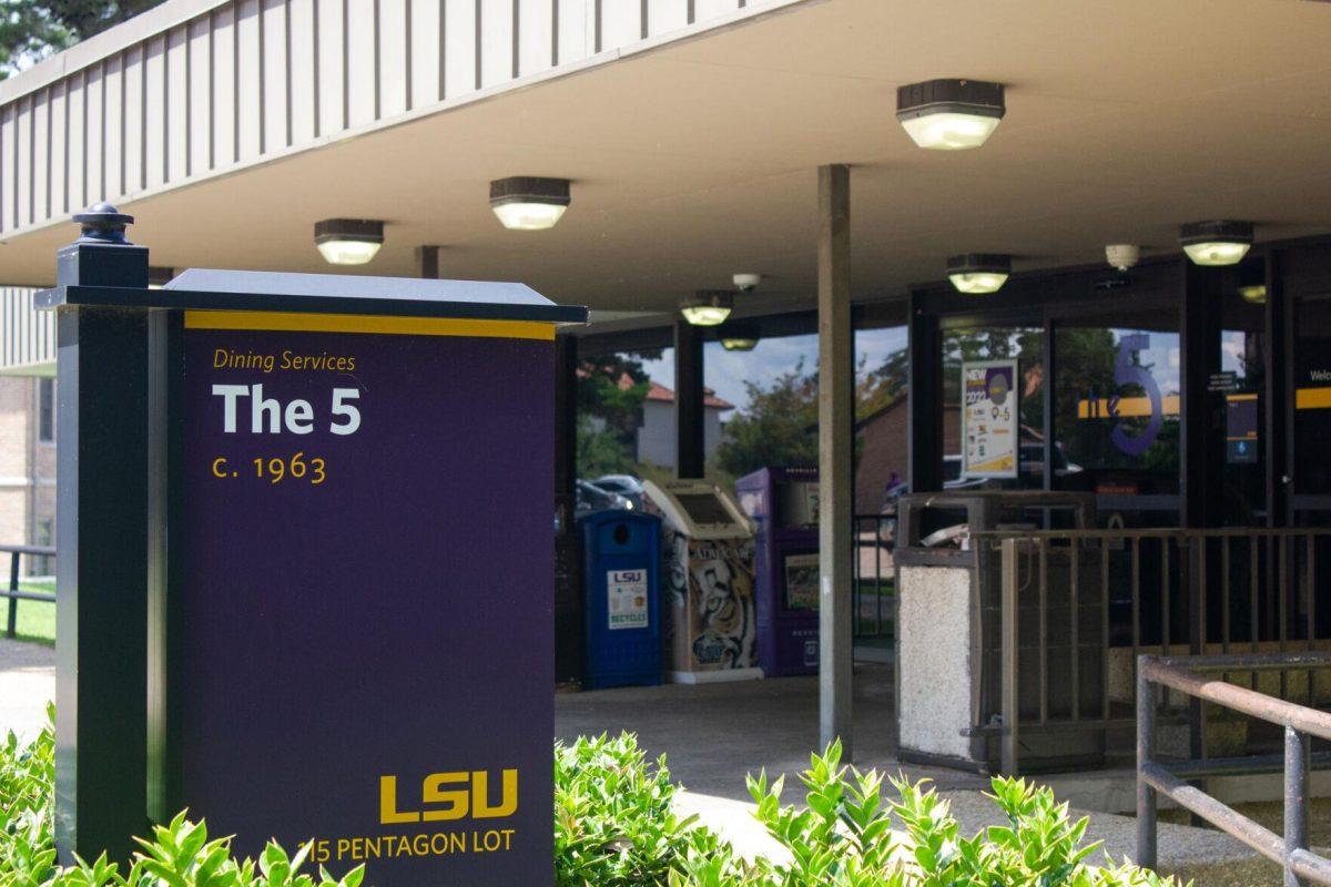 The sign sits on Sunday, Sept. 11, 2022, in front of The 5 Dining Hall in Baton Rouge, La.