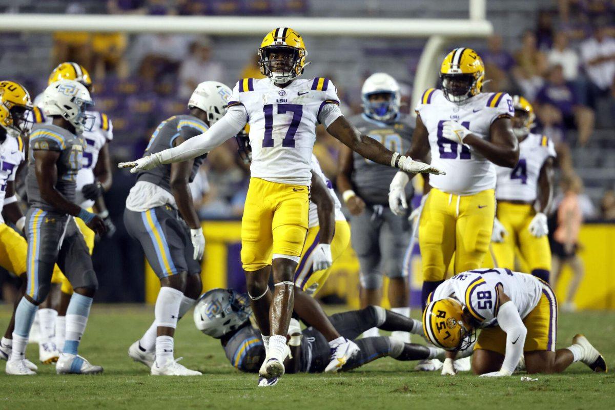 LSU defensive end Zavier Carter (17) reacts to a play during the second half of the team's NCAA college football game against Southern in Baton Rouge, La., Saturday, Sept. 10, 2022. LSU won 65-17. (AP Photo/Tyler Kaufman)