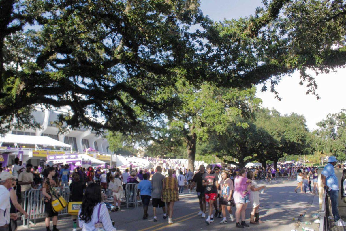 LSU fans fill Victory Hill awaiting Game Day festivities on Saturday, Sept. 10, 2022, on N. Stadium Drive, in Baton Rouge, La.