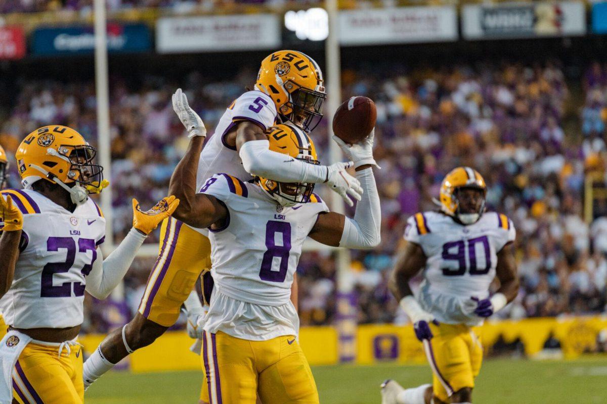 LSU football players celebrate on Saturday, Sept. 10, 2022, during LSU&#8217;s 65-17 win over Southern at Tiger Stadium in Baton Rouge, La.