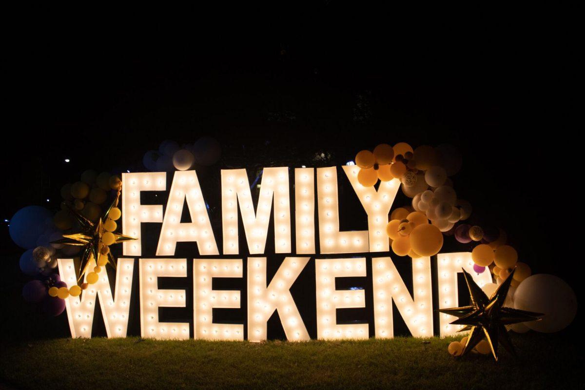 A Family Weekend sign glows on Friday night, Sept. 23, 2022, on LSU's campus in Baton Rouge, La.