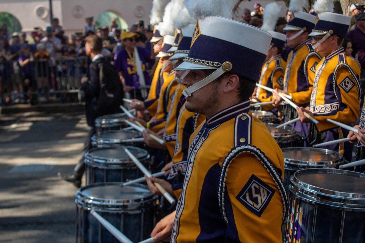 The LSU Drumline march down Victory Hill on Saturday, Sept. 24, 2022, prior to the LSU vs New Mexico game next to Tiger Stadium.