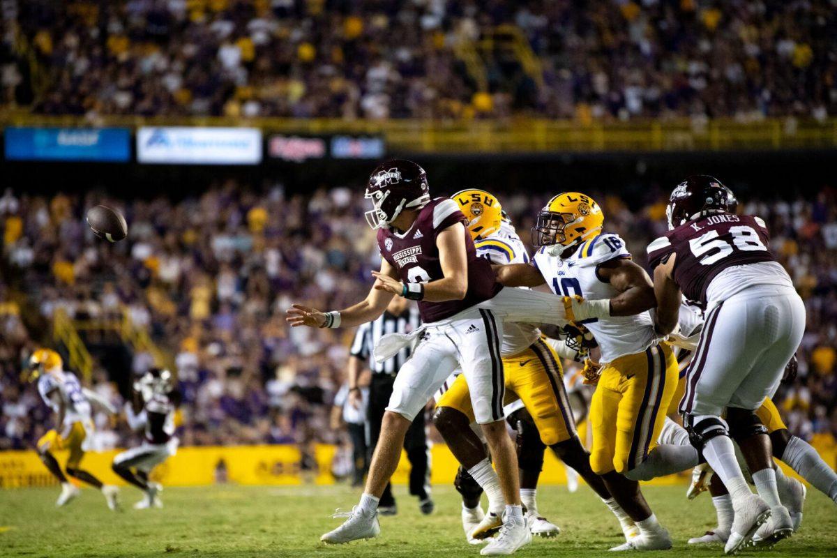 LSU football junior defensive end BJ Ojulari (18) pressures Mississippi State junior quarterback Will Rogers (2) Saturday, Sept. 17, 2022 during LSU’s 31-16 win against Mississippi State at Tiger Stadium in Baton Rouge, La.