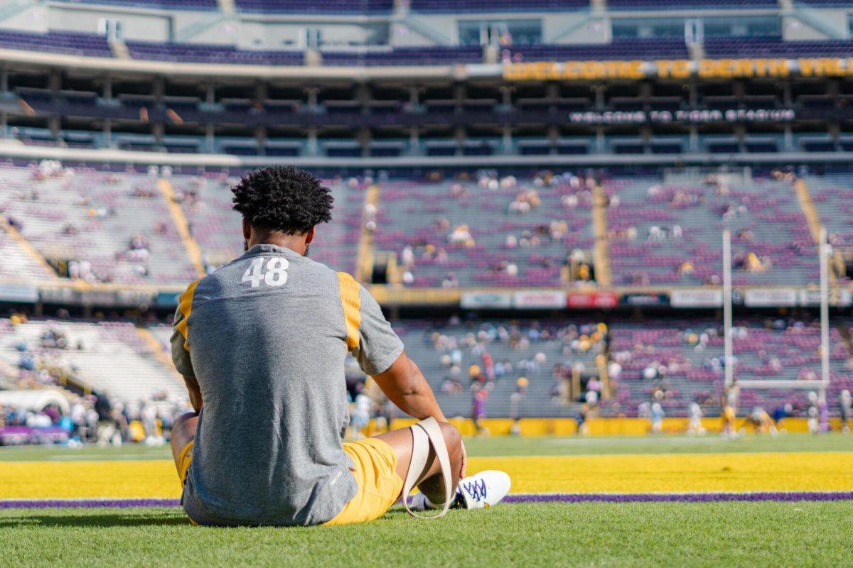 LSU football graduate student tight end MJ Frazier (48) stretches on the field on Saturday, Sept. 10, 2022, before LSU&#8217;s 65-17 win over Southern at Tiger Stadium in Baton Rouge, La.