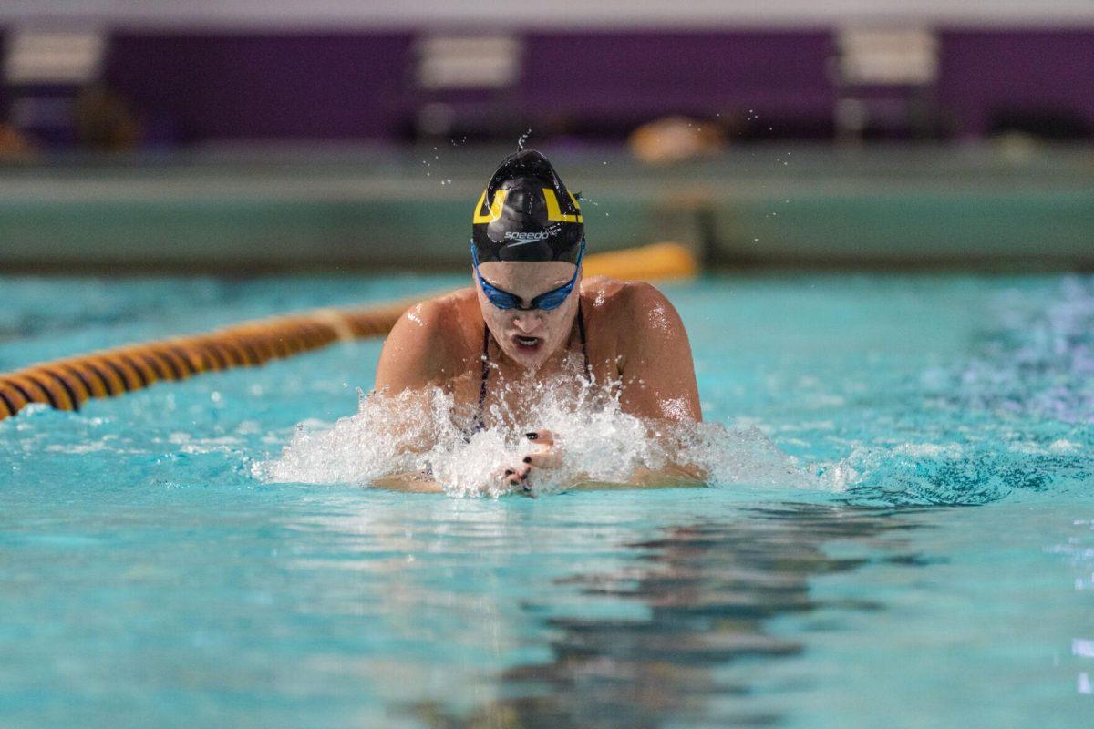 LSU swim junior Jadyn Jannasch powers through the water on Friday, Sept. 23, 2022, in the 200-yard breaststroke during LSU&#8217;s victory over Tulane and Vanderbilt at the LSU Natatorium on Nicholson Drive in Baton Rouge, La.