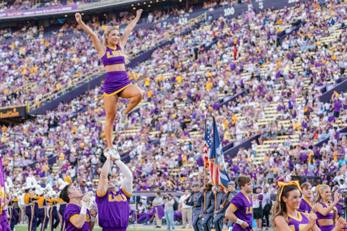 The cheerleaders take the field on Saturday, Sept. 10, 2022, before LSU&#8217;s 65-17 win over Southern at Tiger Stadium in Baton Rouge, La.