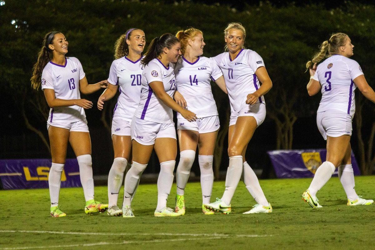 The LSU soccer team celebrates freshman midfielder Ida Hermannsdottir's (17) goal Friday, Sept. 2, 2022, during LSU's 3-1 win against Grambling State University at LSU's Soccer Stadium off of Nicholson Drive.