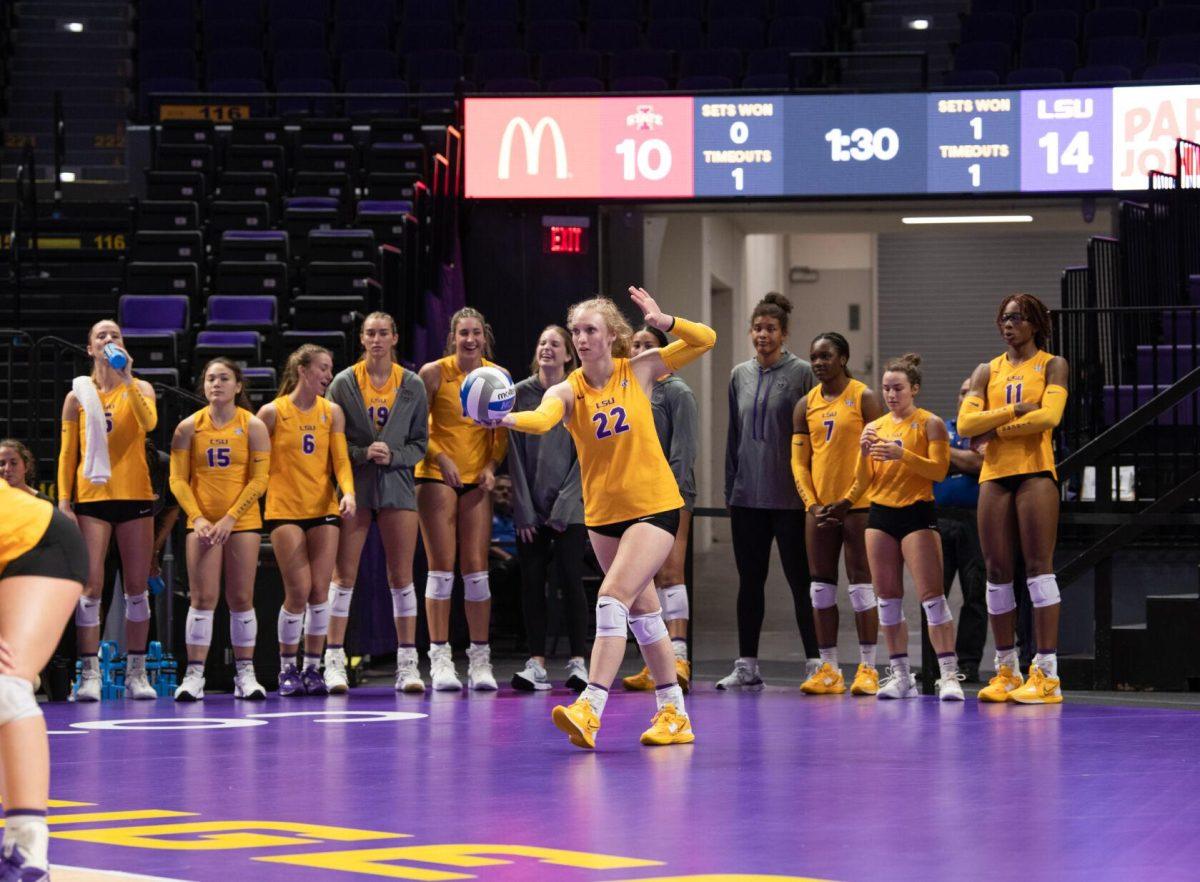 LSU volleyball freshman setter Maddie Waak (22) prepares to serve the ball on Friday, Sept. 2, 2022, during LSU&#8217;s 3-0 victory over Iowa State in the Pete Maravich Assembly Center in Baton Rouge, La.