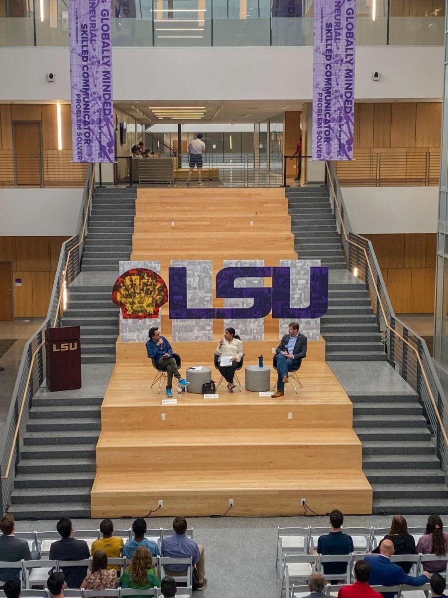 From left to right Gregory Kallenberg with the Rational Middle, Dr. Ipsita Gupta Assistant Professor with LSU Petroleum Engineering and Lee Stockwell General Manager of US Carbon Capture Utilization &amp; Storage with Shell speaking for the&#160;Shell Energy Symposium on&#160;September 8, 2022.