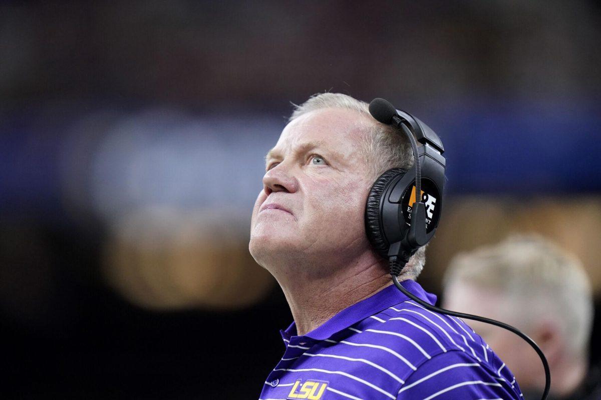 LSU head coach Brian Kelly watches from the sideline in the second half of an NCAA college football game against Florida State in New Orleans, Sunday, Sept. 4, 2022. Florida State won 24-23. (AP Photo/Gerald Herbert)