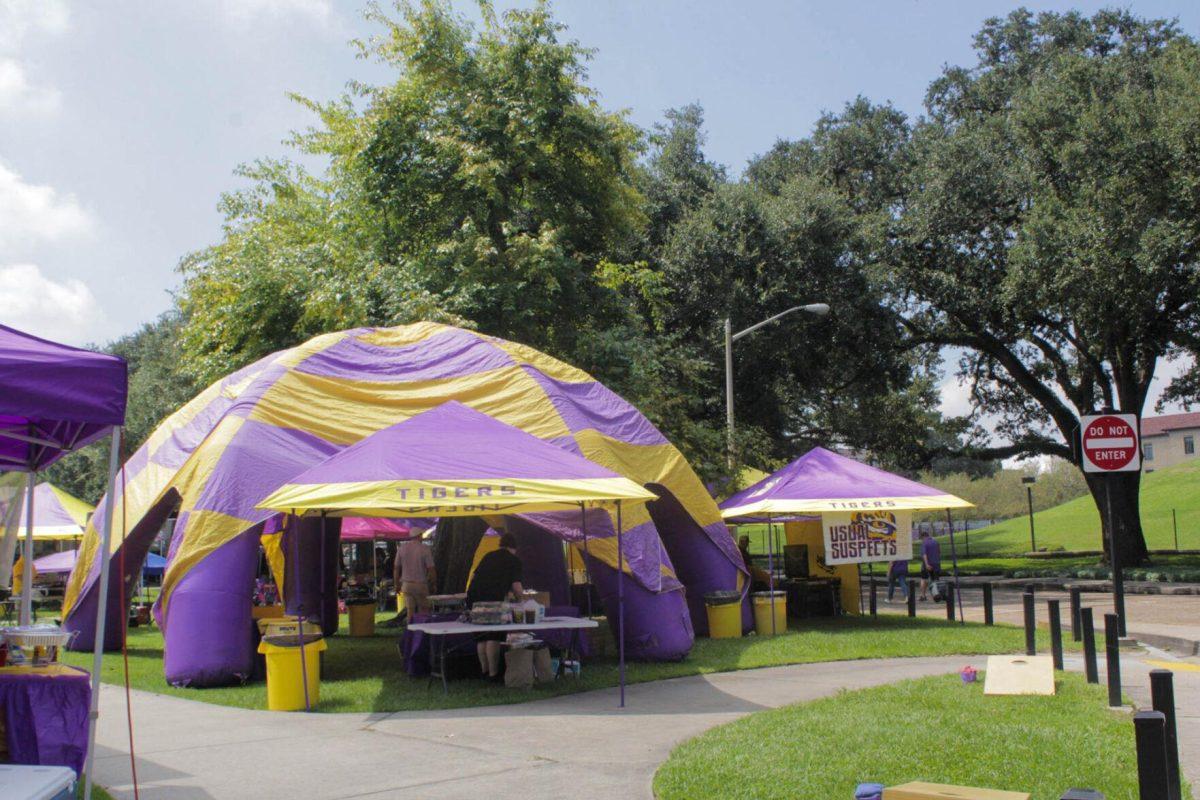 A giant LSU themed Tailgating Tent sits beside the Indian Mounds on Saturday, Sept. 10, 2022, on LSU campus in Baton Rouge, La.