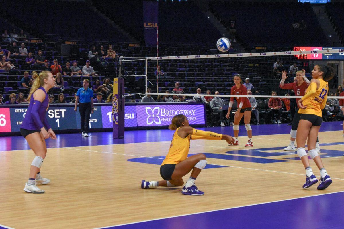 LSU senior Sanaa Dotson saves the ball on Wednesday, Sept. 21, 2022, during LSU&#8217;s 3-2 win over Arkansas at the Pete Maravich Assembly Center in Baton Rouge, La.